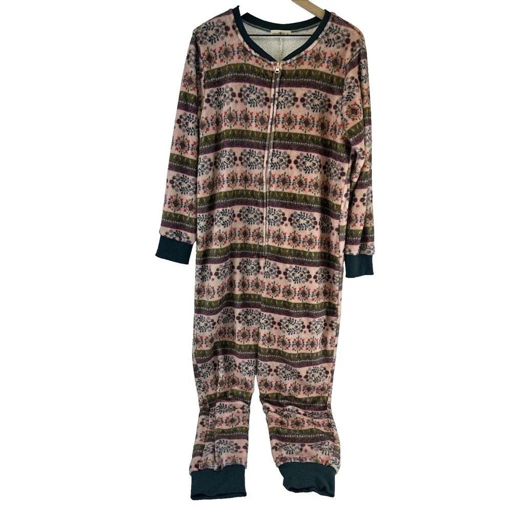 Natural Life One Piece Fleece Pajamas Zip Pink‎ Green Floral Long Womens Medium
